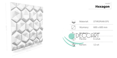 HEXAGON - BIAŁE Panele Ścienne 3D kasetony styropianowe 60x60 HEXAGON - BIAŁE Panele Ścienne 3D kasetony styropianowe 60x60