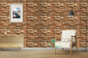 Brown living room with stone on the wall